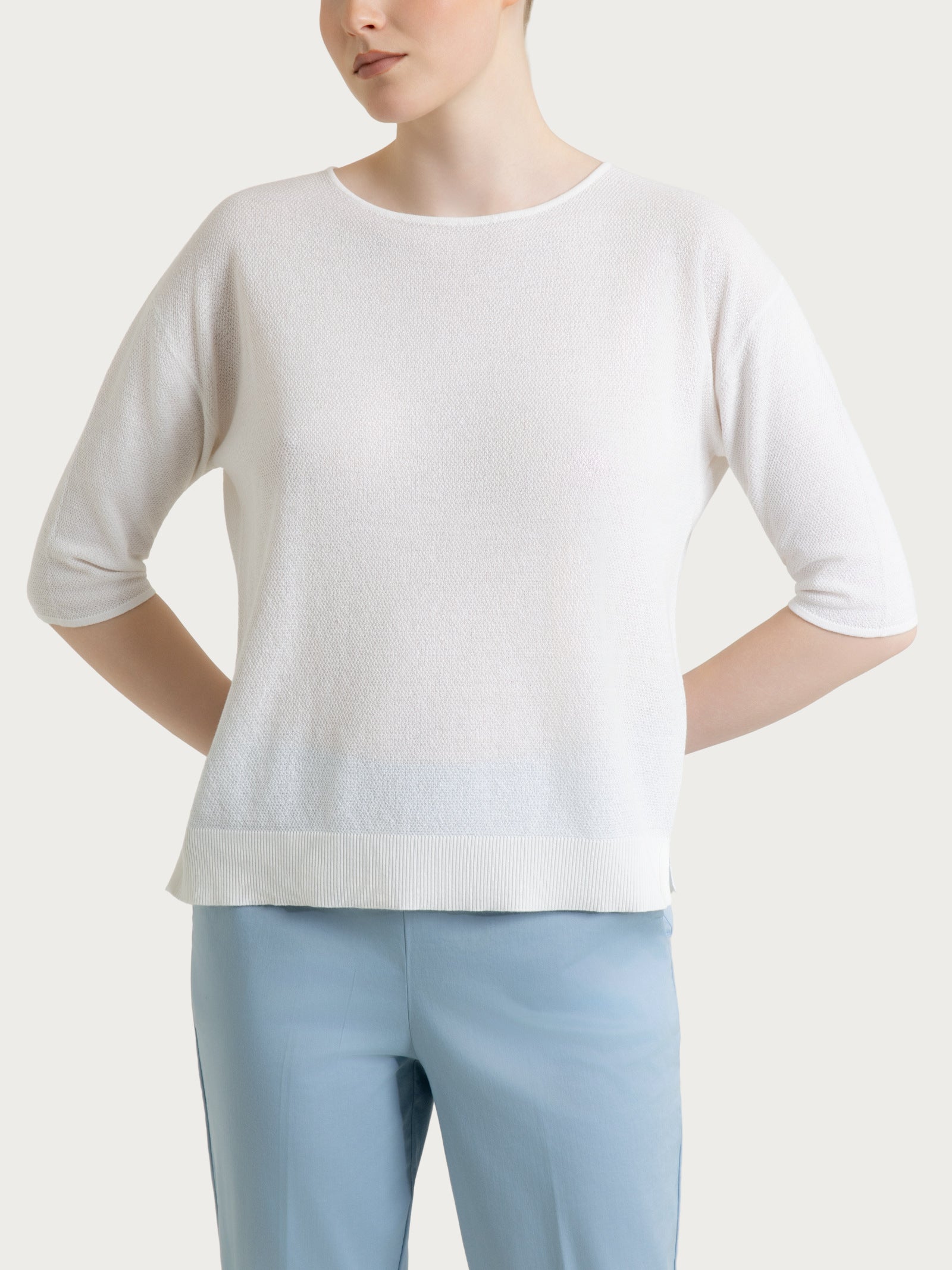 Ragno Maglia Girocollo Piquet Manica 3/4 Puro Cotone Bianco