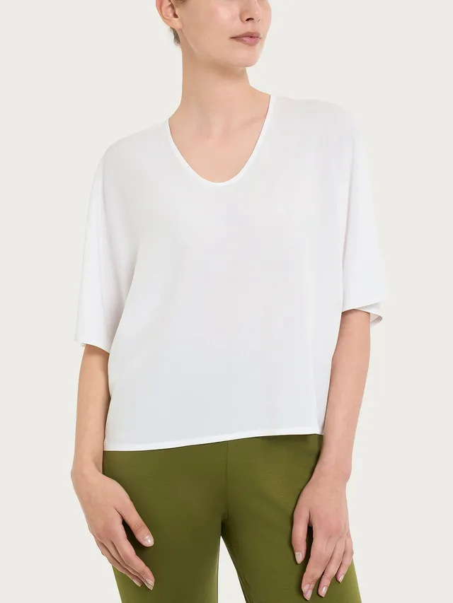 Ragno EcoSeta blusa scollo V bianca manica gomito