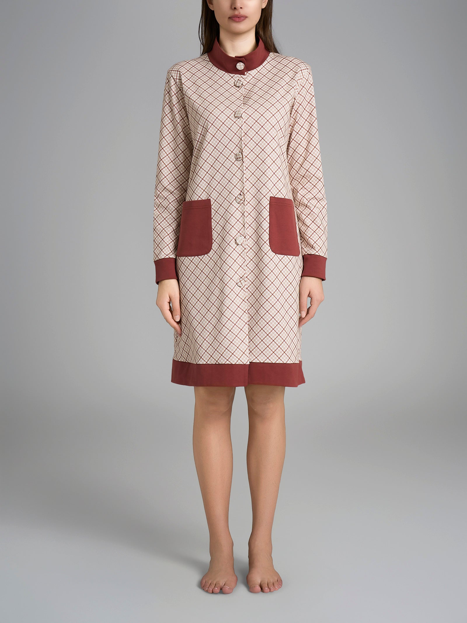 Ragno Interlock Vestaglia Tartan Henna Cotone Collo Alto