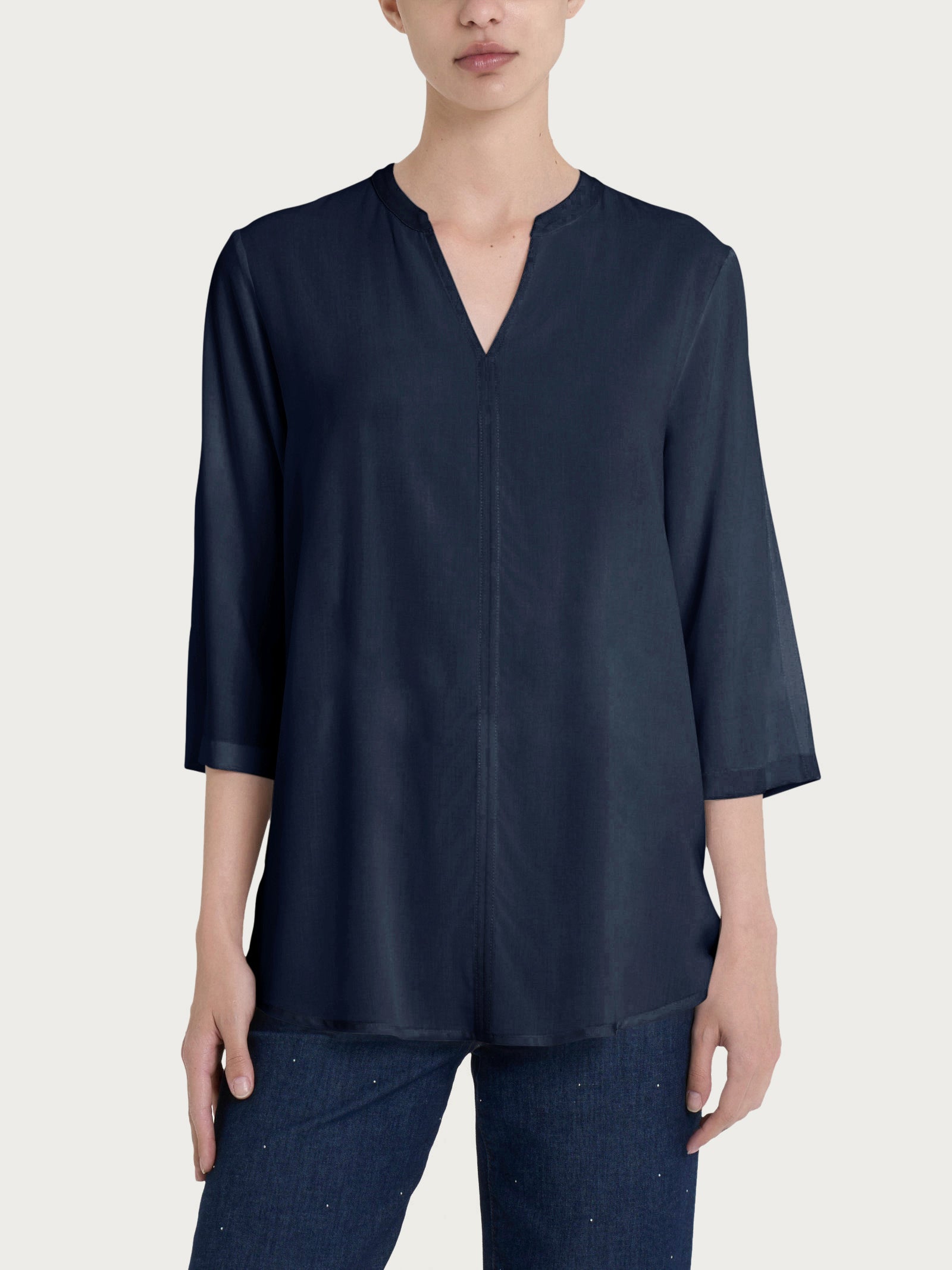 Ragno EcoSeta Blusa Collo Coreana Manica 3/4 Bleu viscosa