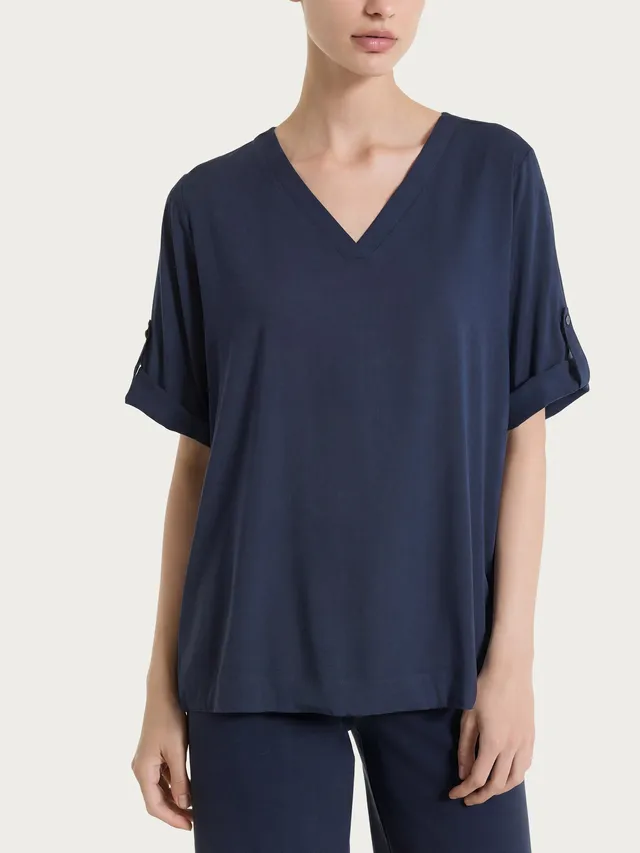 Ragno Viscosa Summer blusa scollo V manica lunga bleu