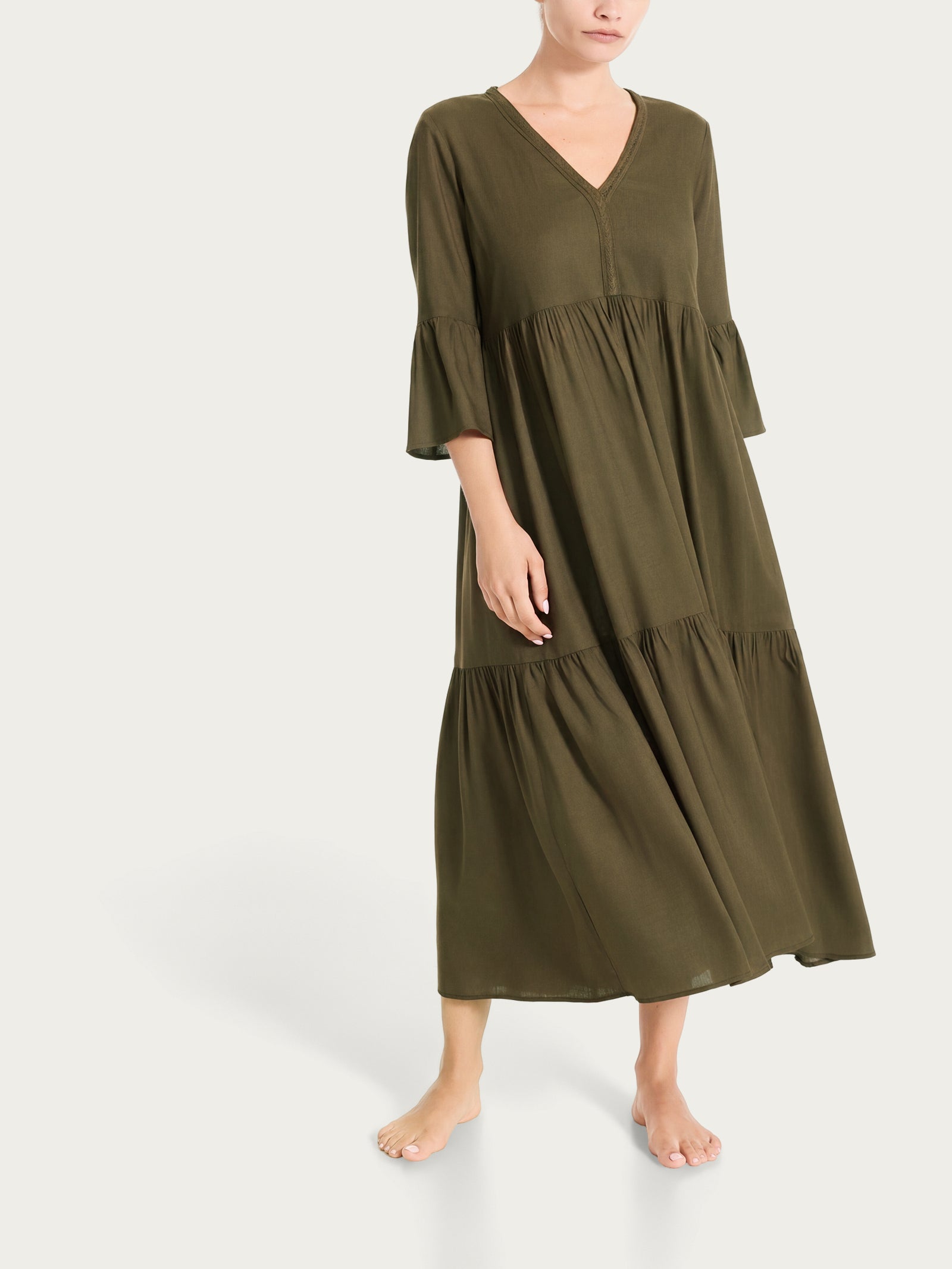 Ragno Mussola Slub balze abito lungo dark olive