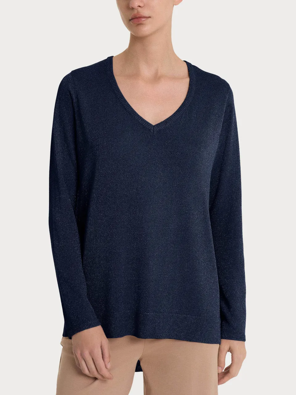 Ragno Crepe Lurex maglione scollo V blu Bleu manica lunga