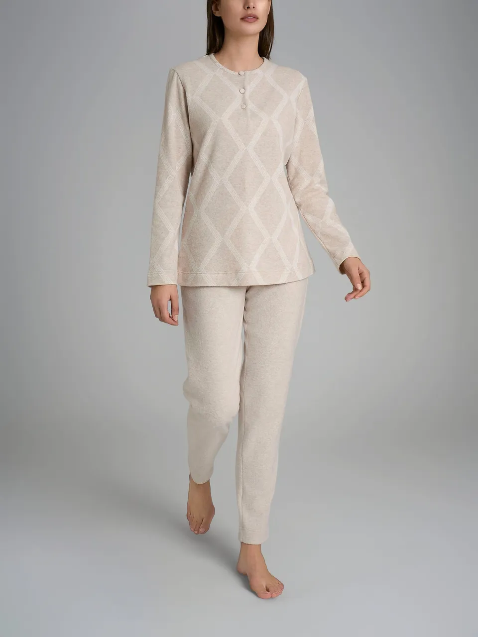Ragno Cotton Eco Pile Pigiama Lungo Serafino pigiama fantasia panna caldo
