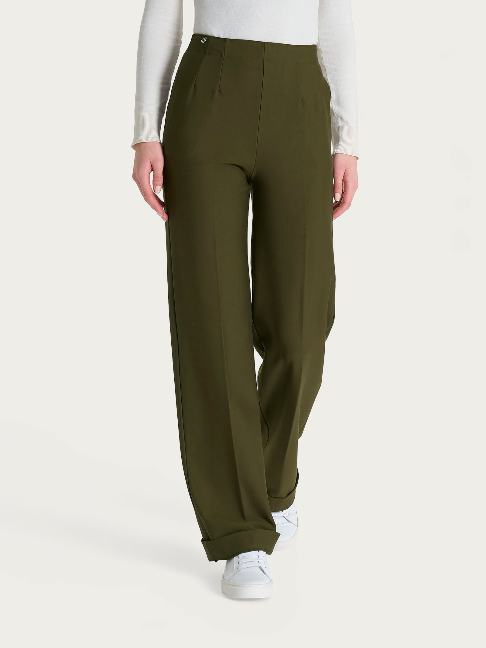 Ragno Compact The Wide Leg pantalone dark olive elasticizzato