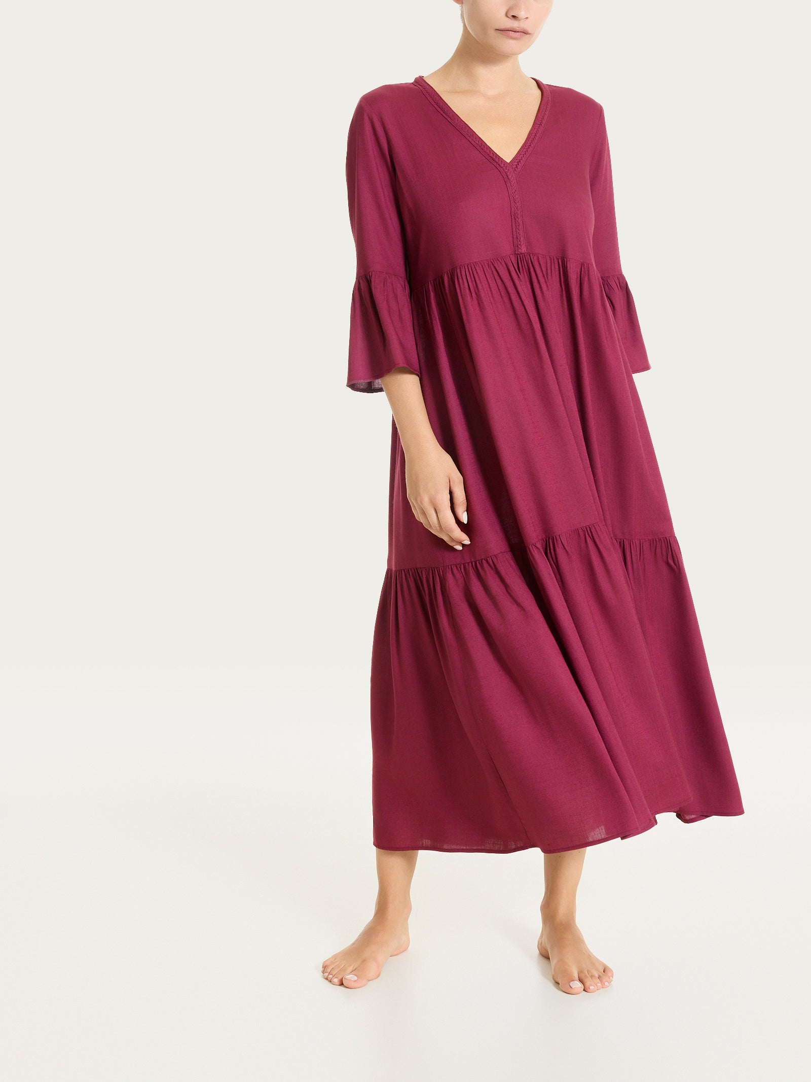 Ragno Mussola Slub abito lungo balze beet red viscosa