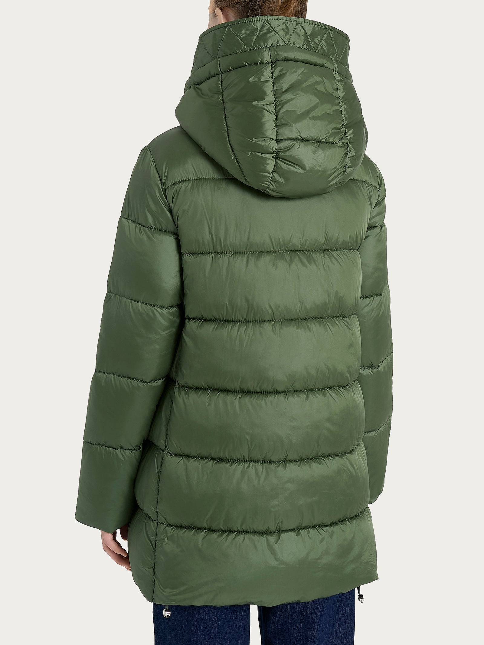 Ragno piumino lungo con cappuccio vegan down bronze green