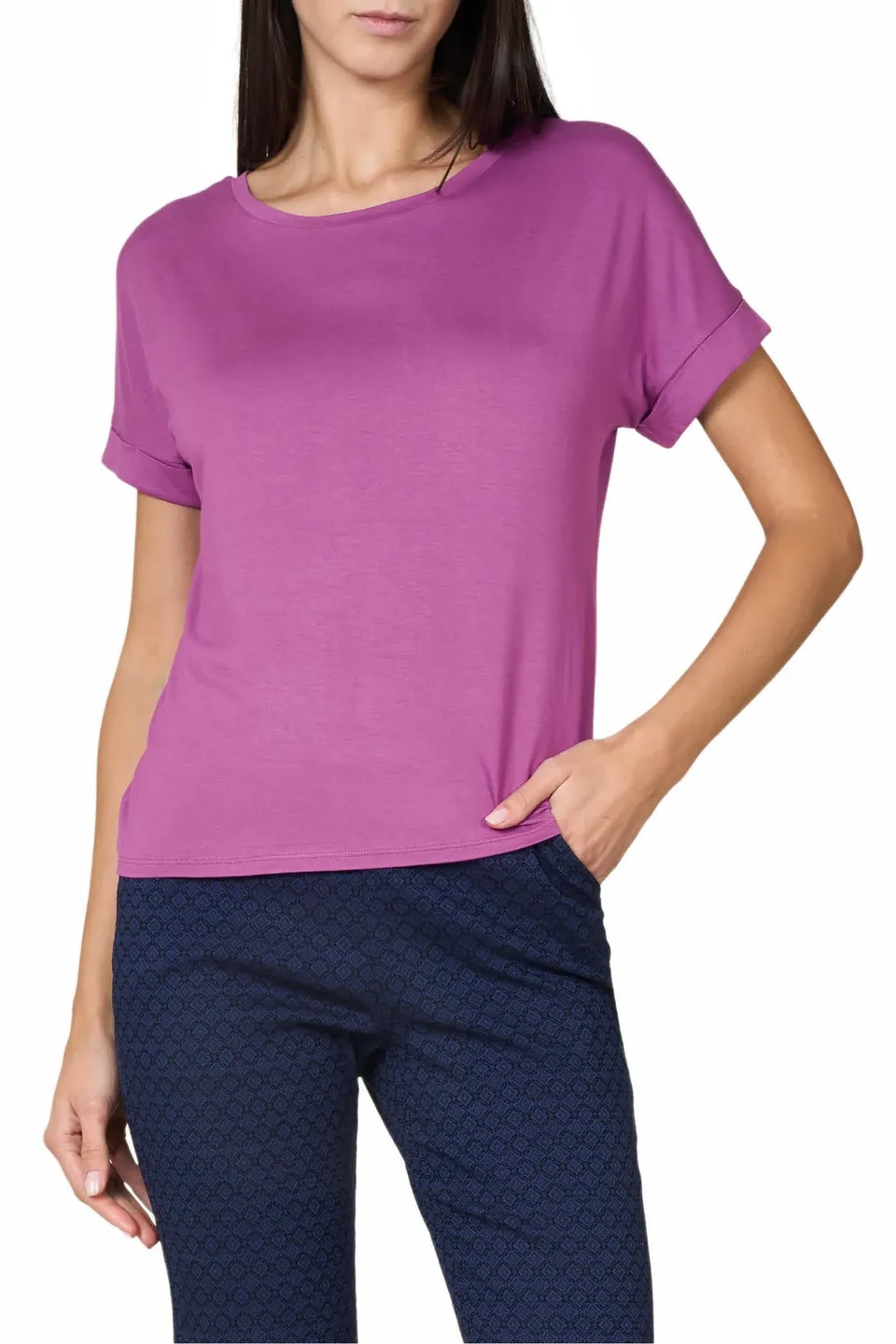 Goldenpoint Maglia Scollo Tondo Manica Corta Risvolto Lunghezza Regolare donna