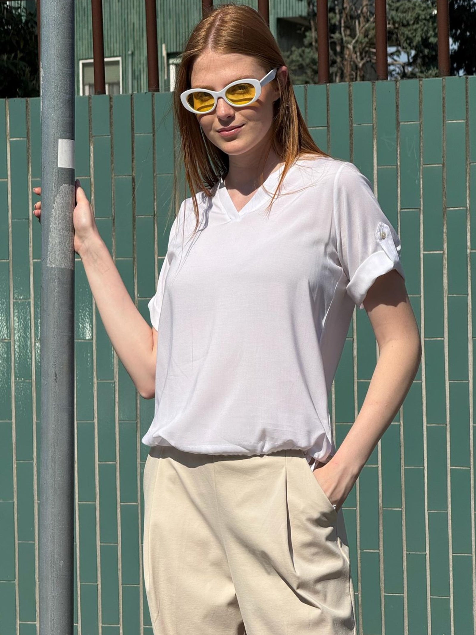 Ragno Blusa Scollo a V Voile Stretch Bianca Manica Lunga