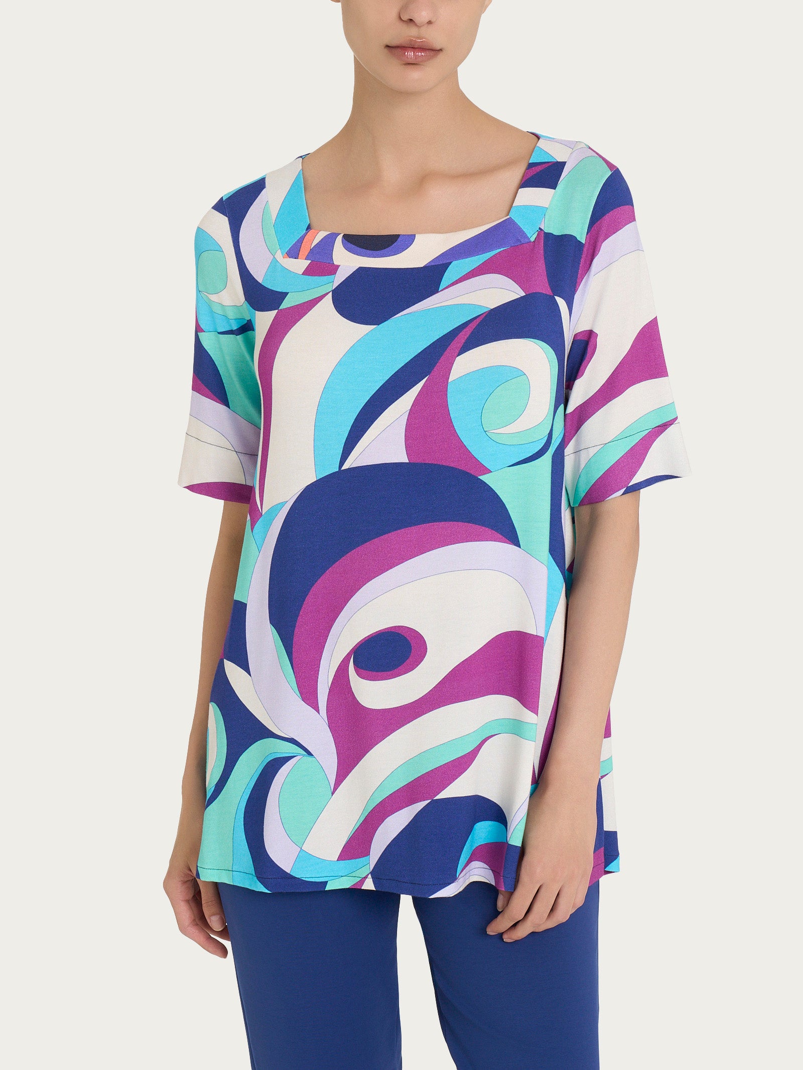 Ragno Viscosa Summer Maglietta scollo squadrato Pool Blue