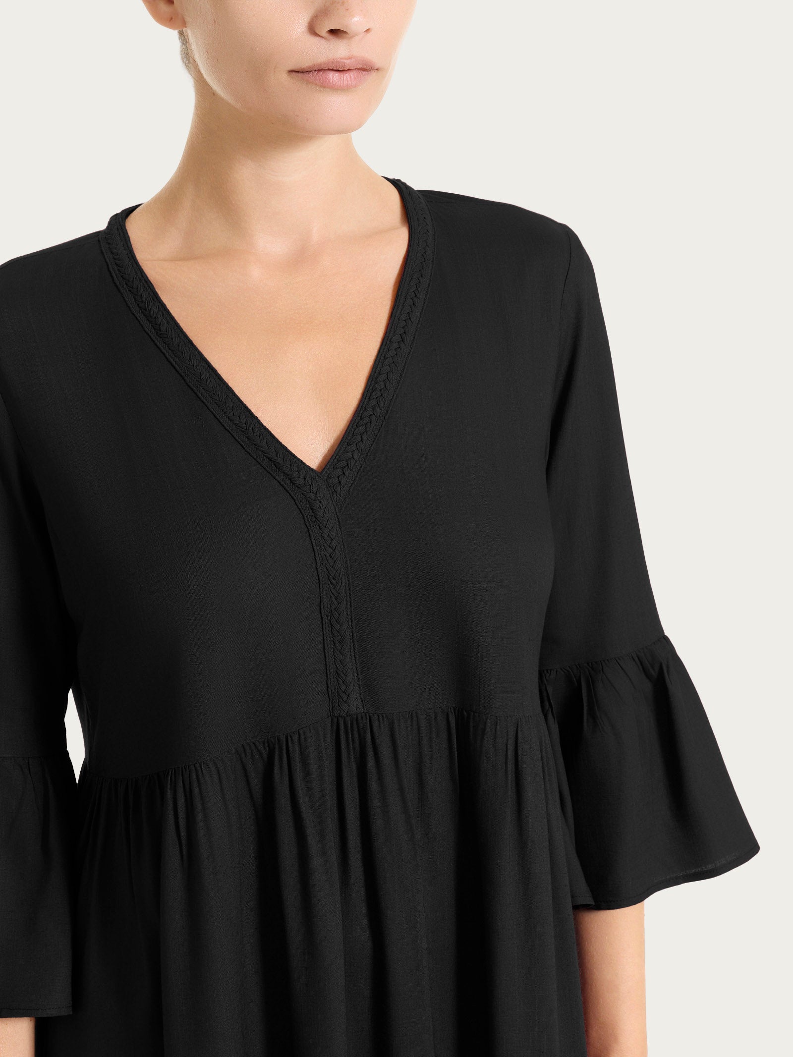 Ragno Mussola Slub Abito Lungo Nero con balze