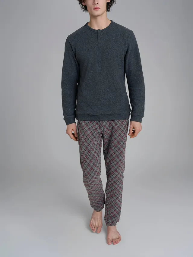 Ragno Pigiama Serafino Grey Tartan in Cotton Eco Pile Uomo