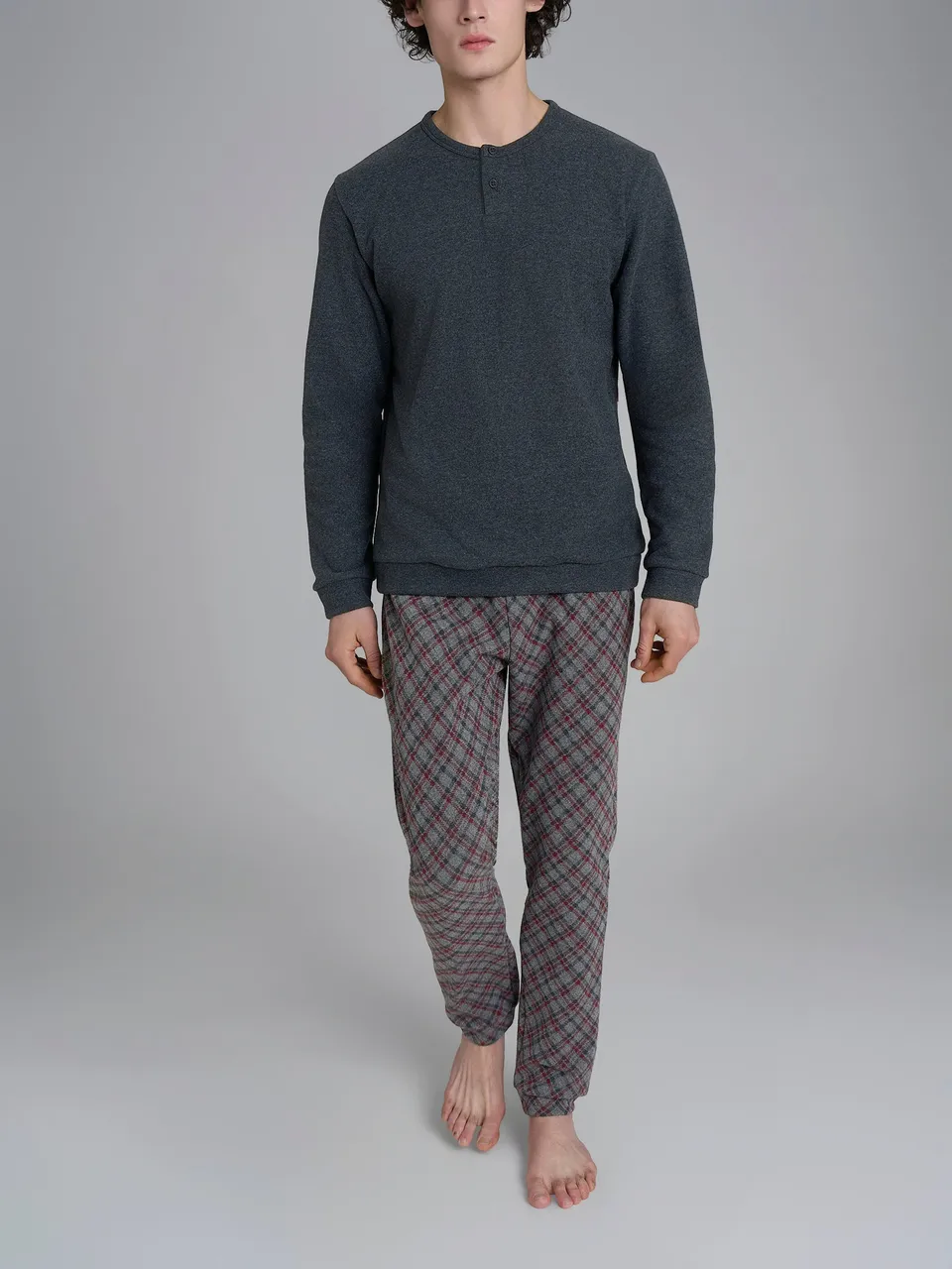 Ragno Pigiama Serafino Grey Tartan in Cotton Eco Pile Uomo