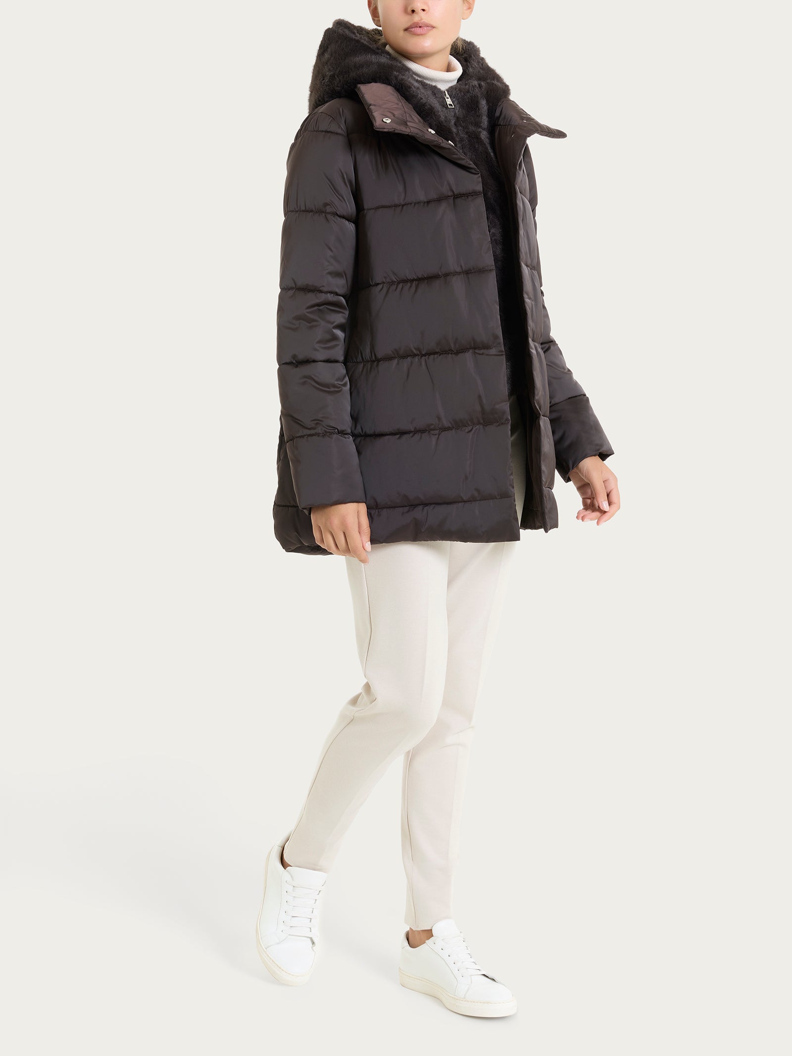 Ragno Vegan Wool Piumino cappuccio marrone con pelliccia