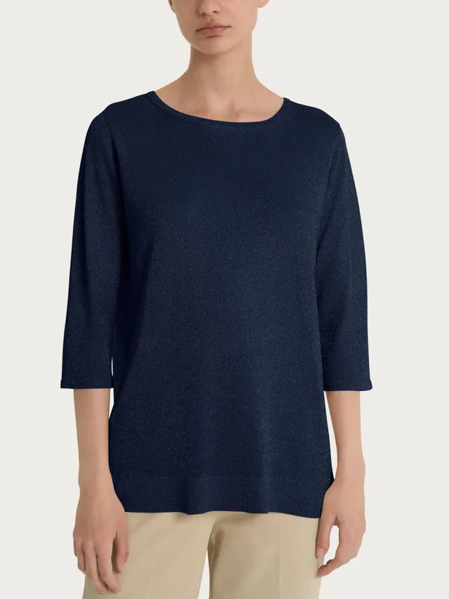Ragno Viscosa Summer Maglione Manica 3/4 Crepe Lurex Blu scollo barca