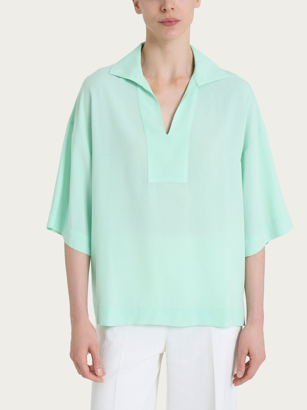 Ragno EcoSeta collo polo blusa verde uovo raso