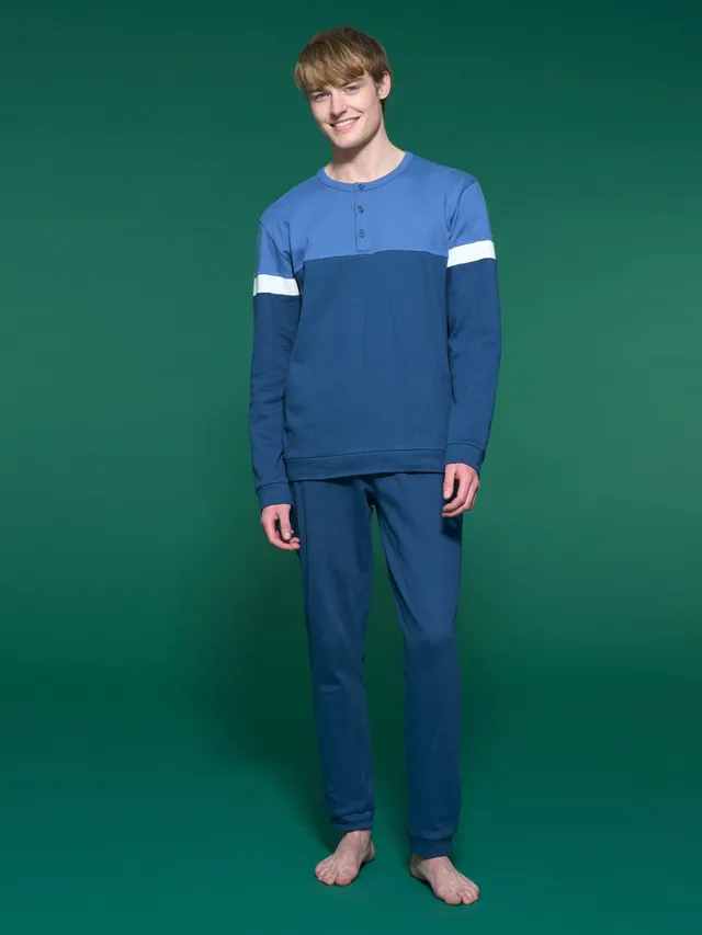 Ragno Pigiama Lungo Serafino pigiama cotone Bijou Blue caldo
