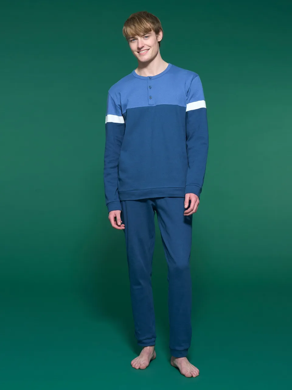 Ragno Pigiama Lungo Serafino pigiama cotone Bijou Blue caldo