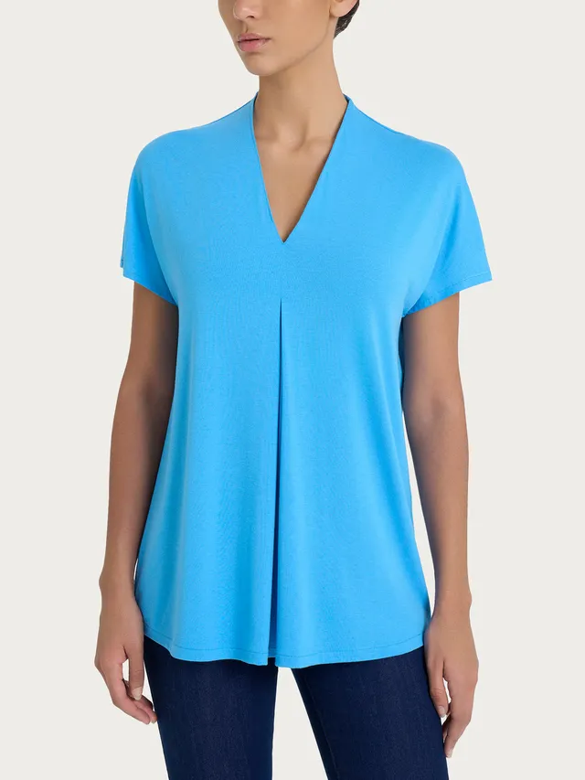 Ragno Crêpe t-shirt scollo V Azure Blue viscosa fresca