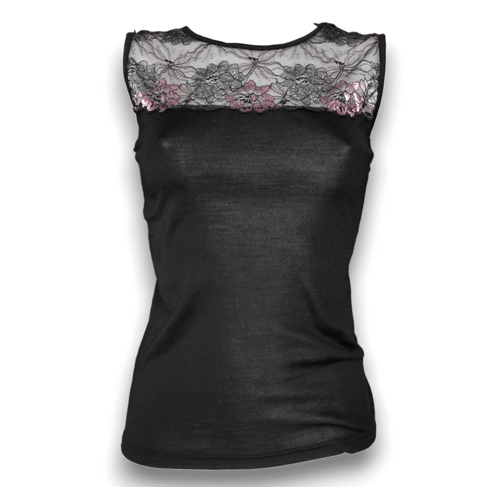 Lady C Merinos Pizzo canotta lana nera decolleté