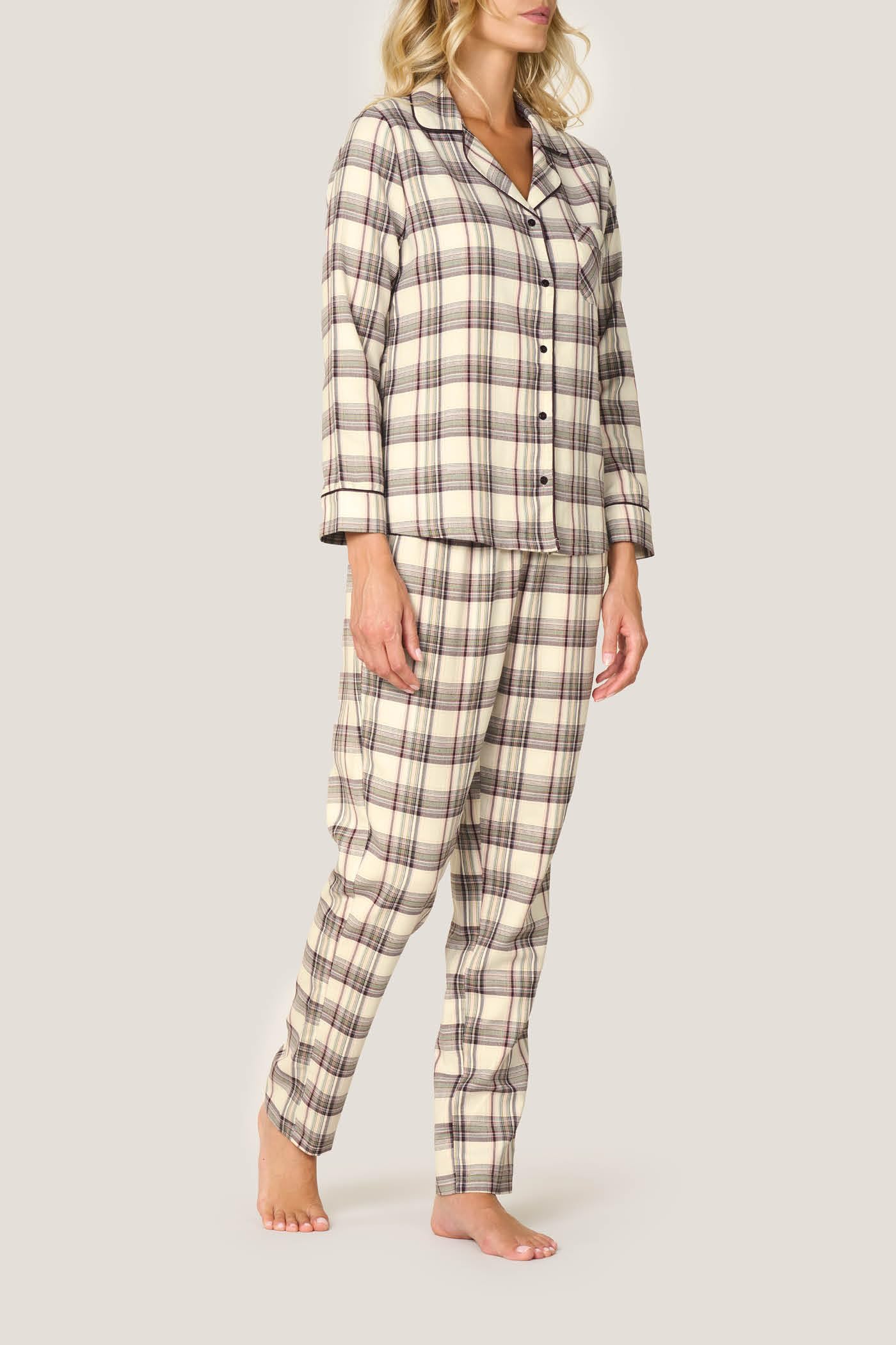 Goldenpoint Abbottonato Piping Tartan pigiama lungo donna aperto davanti