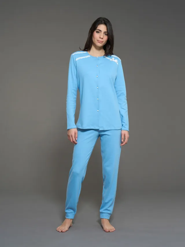 Ragno Pigiama Aperto Lungo Interlock Cotone Dusk Blue