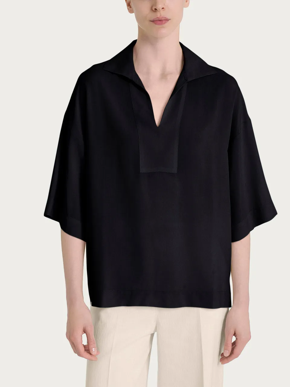 Ragno EcoSeta blusa donna nera collo polo