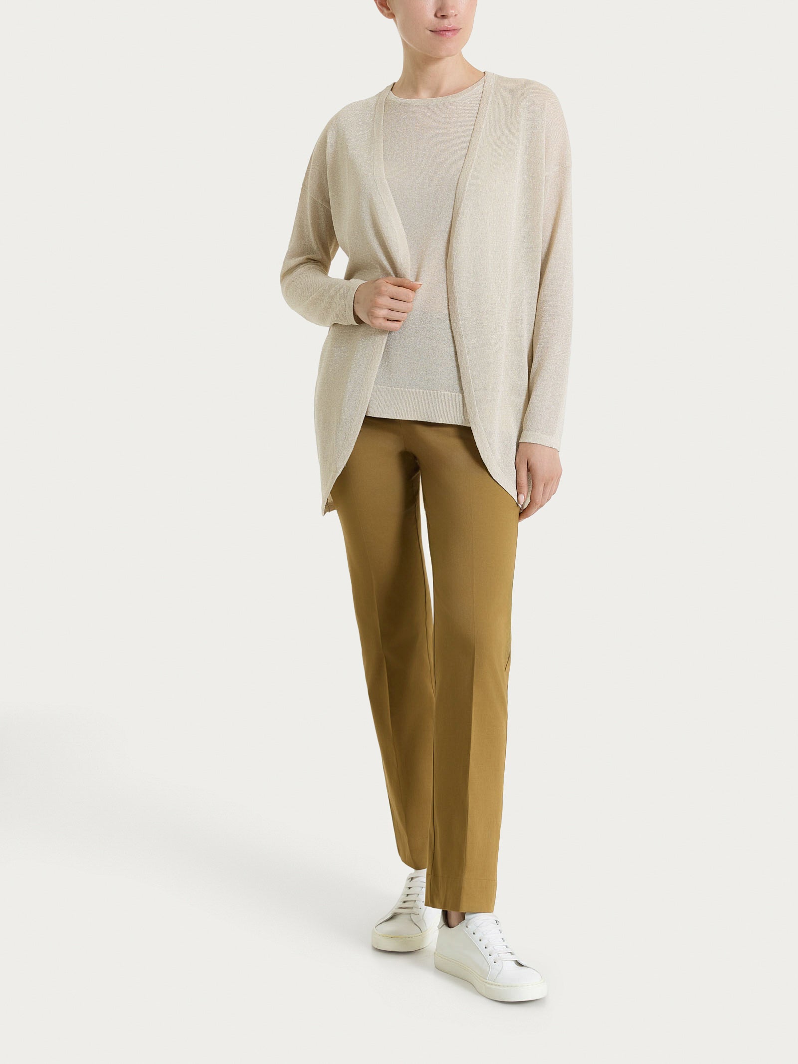 Ragno Crêpe Lurex cardigan aperto beige lungo luminoso