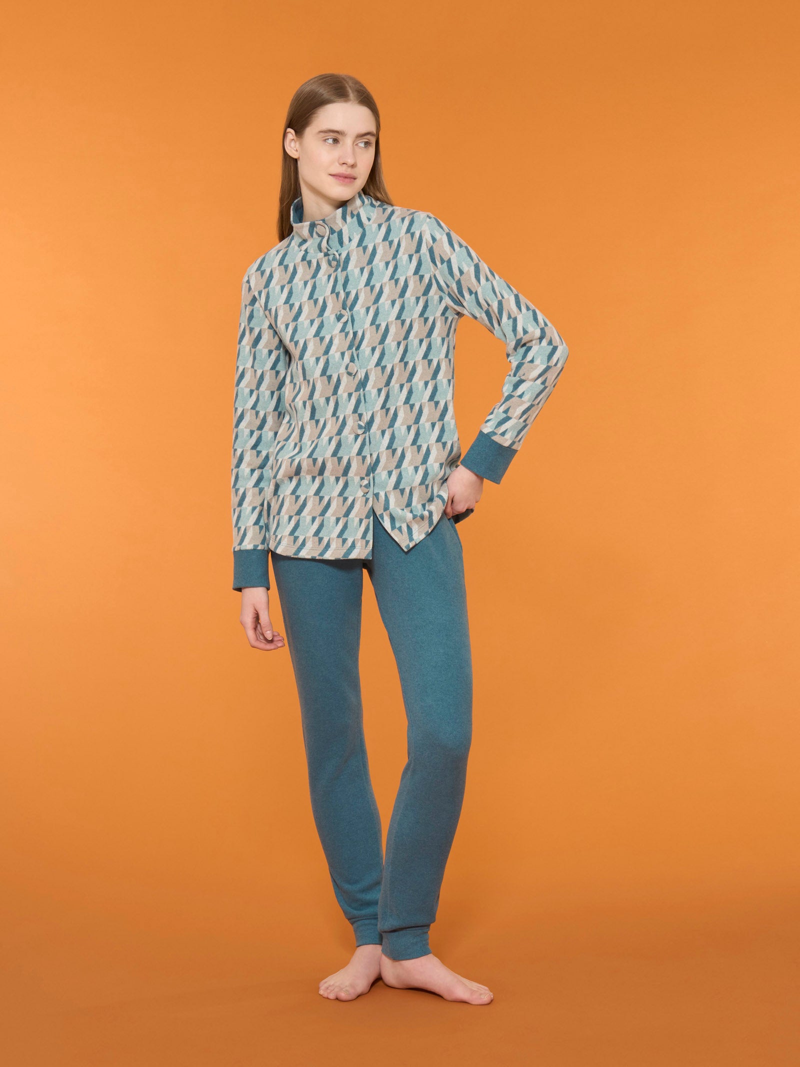 Ragno Cotton Eco Pile Pigiama Aperto Salvia pied de poule