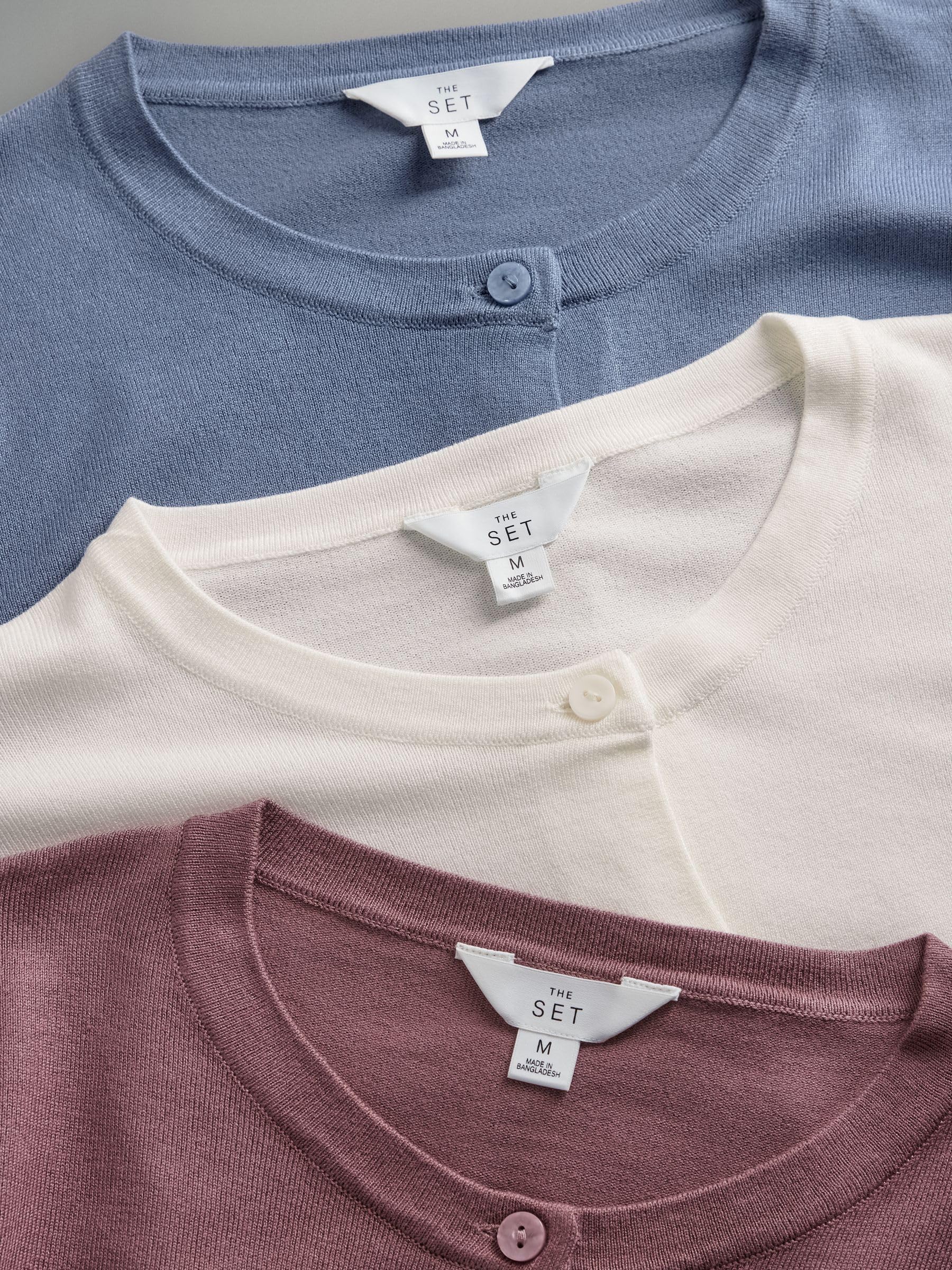 Geo Next The Set 3 cardigan sottili bottoni rosa celeste panna maglia
