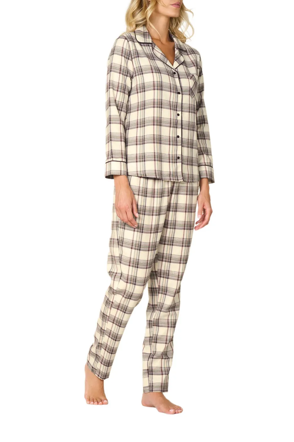 Goldenpoint Abbottonato Piping Tartan pigiama lungo donna aperto davanti