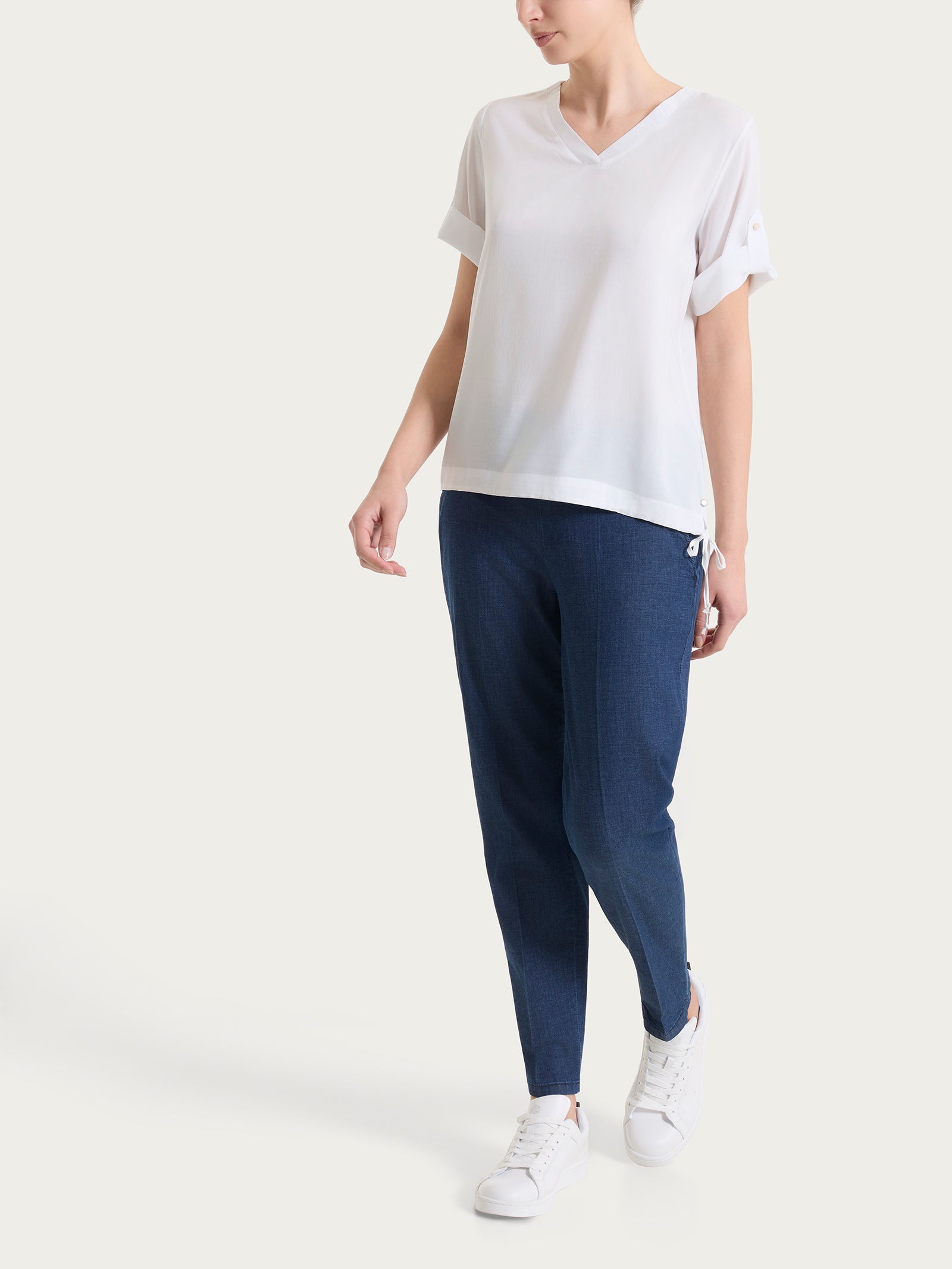 Ragno Blusa Scollo a V Voile Stretch Bianca Manica Lunga