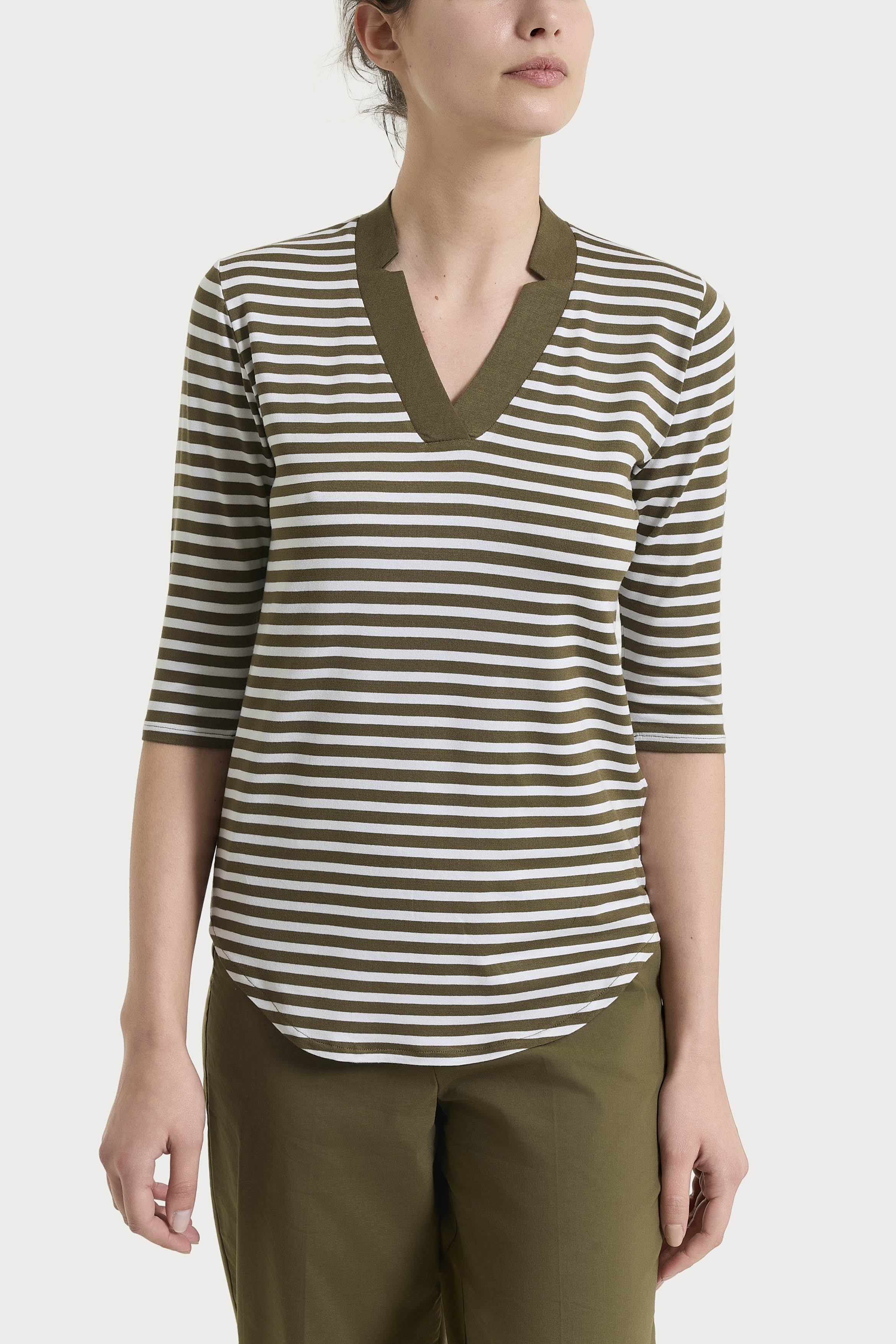 Ragno Viscosa Summer maglietta scollo V a righe Dark Olive