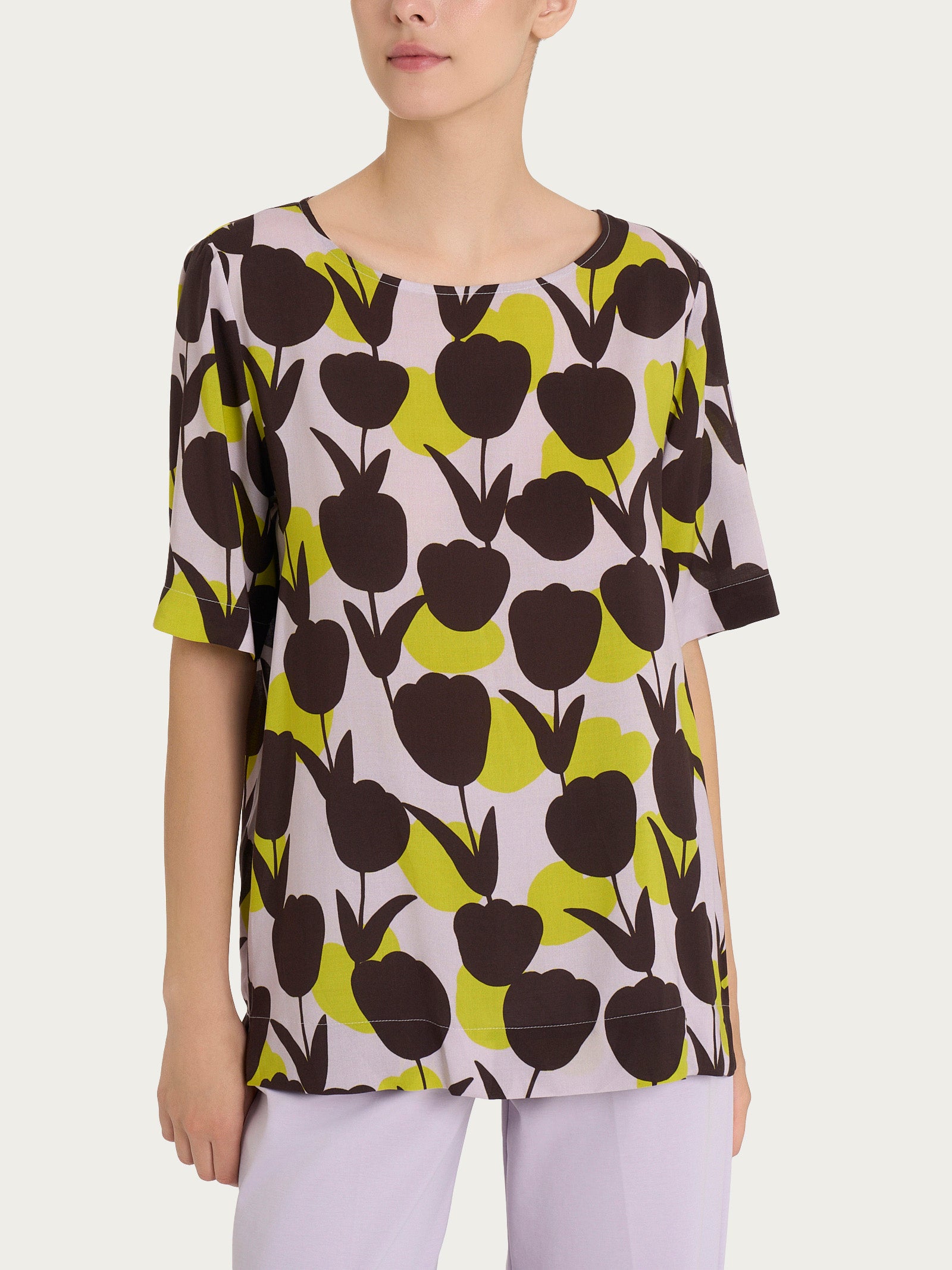 Ragno EcoSeta blusa girocollo Fant Grenoble Green macro tulipani