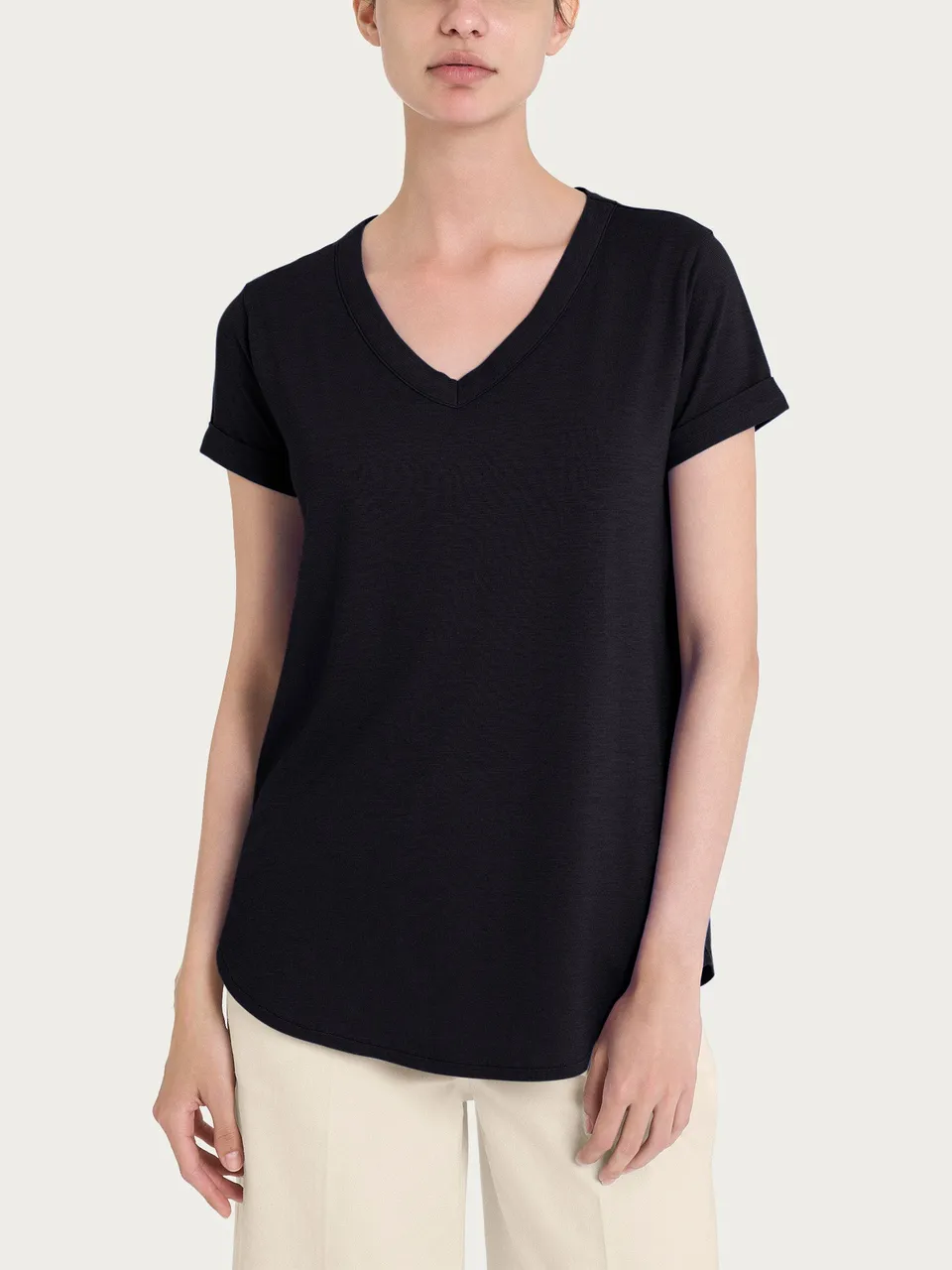 Ragno Jersey Cotone Maglietta scollo V nero donna