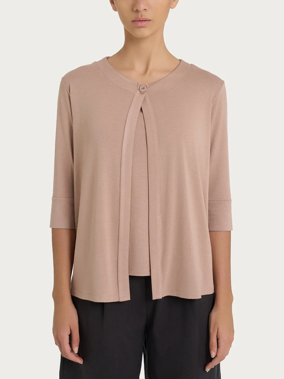 Ragno Cardigan Corto Viscosa Crepe Jersey Taupe Manica 3/4