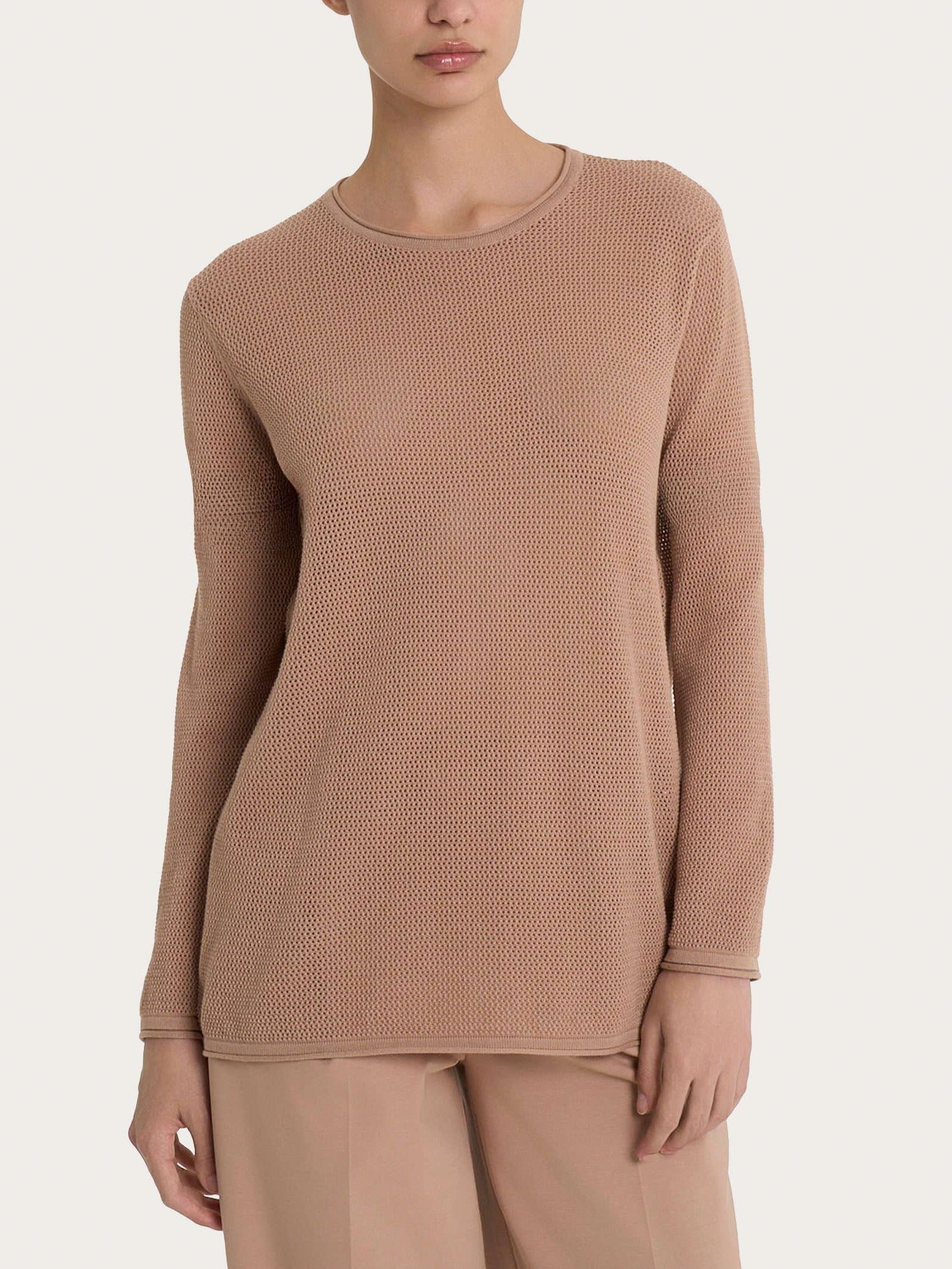 Ragno Maglia Punto Rete Cotone Warm Taupe Manica Lunga