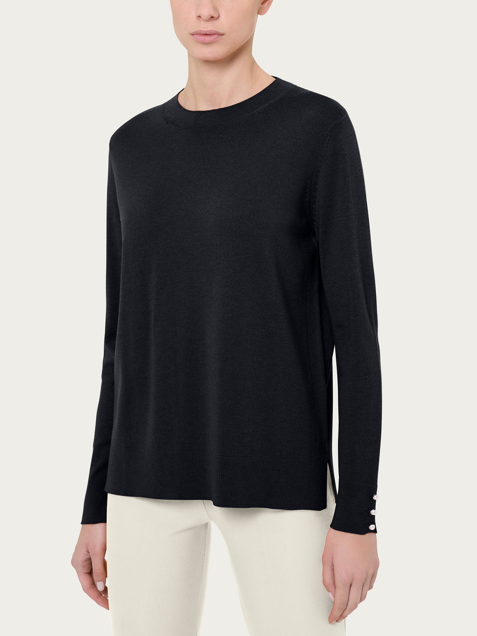 Ragno Merino Soft maglia girocollo nero pura lana perline
