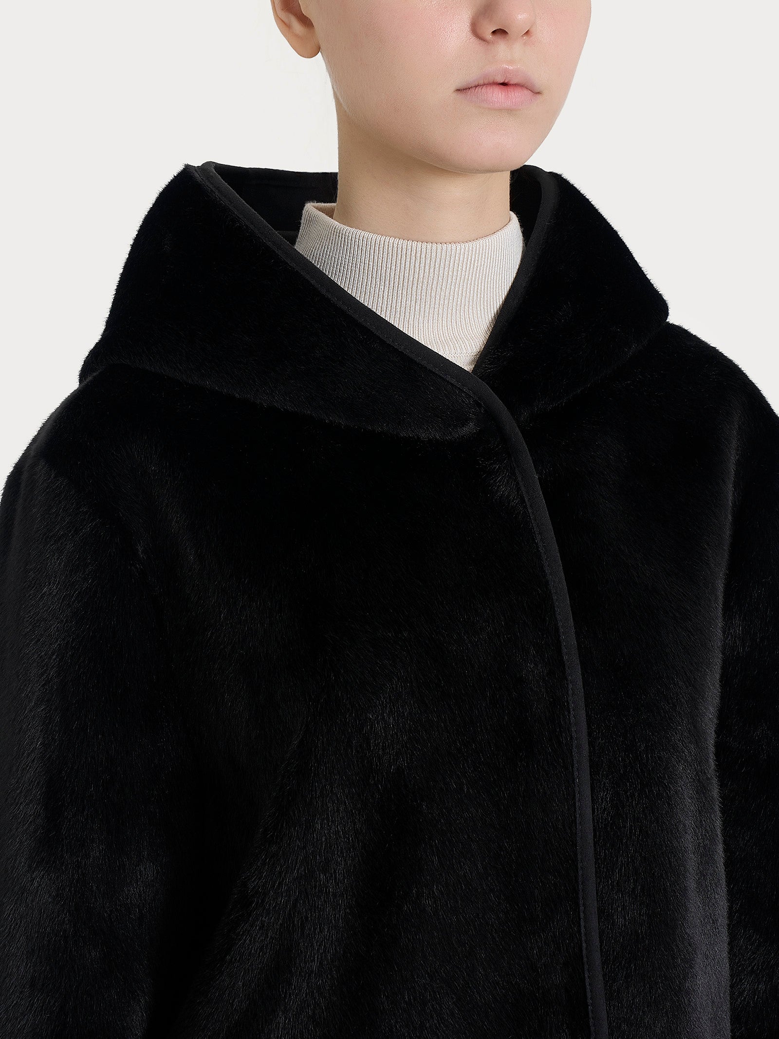 Ragno Vegan Shearling Giacca Double-Face Nera Cappuccio