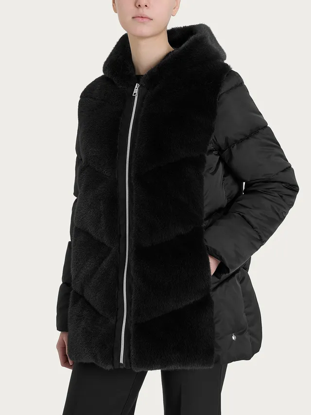 Ragno Vegan Fur piumino donna nero corto con cappuccio