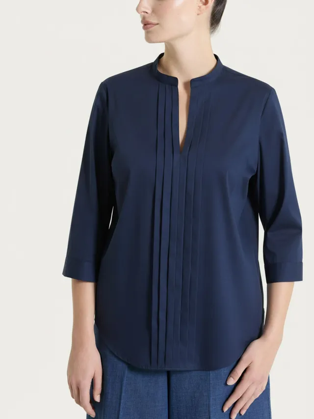 Ragno Gem camicia pieghe frontali cotone scollo a V blu Bleu