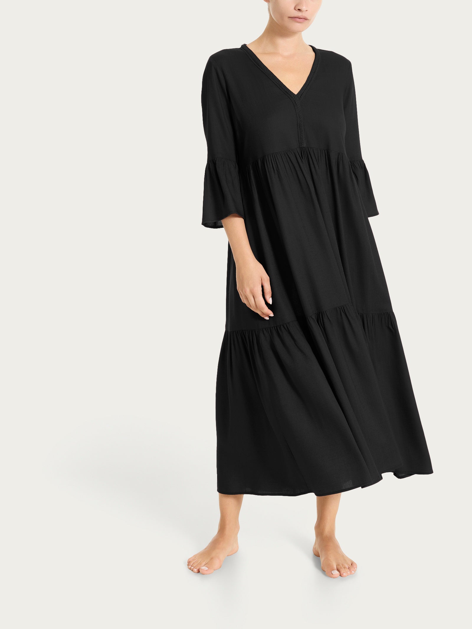Ragno Mussola Slub Abito Lungo Nero con balze