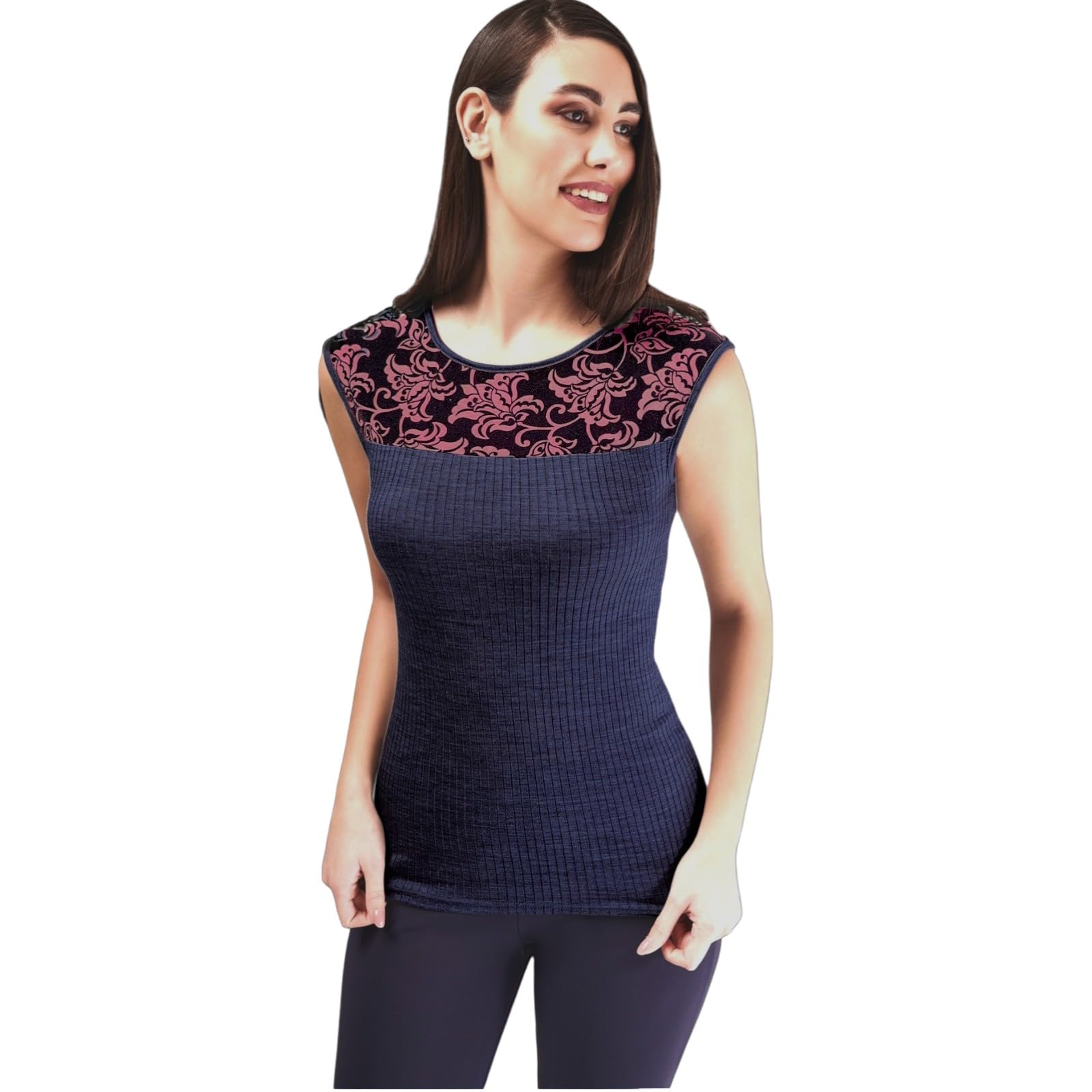 Lady C Plisse Tulle Lavorato canotta lana microfibra nera aderente