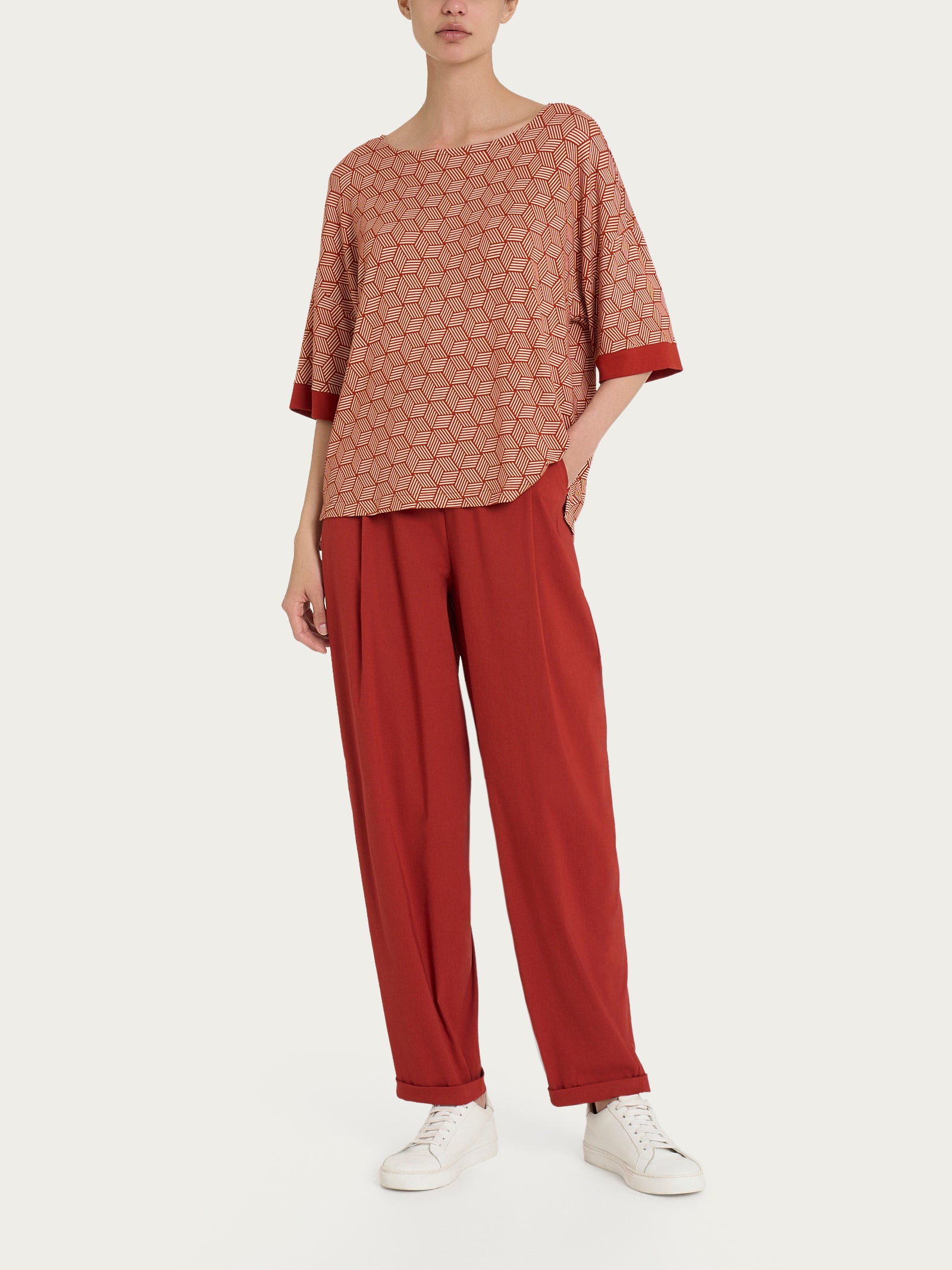 Ragno Viscosa Summer Maglietta Cubi Fantasia Red Ochre