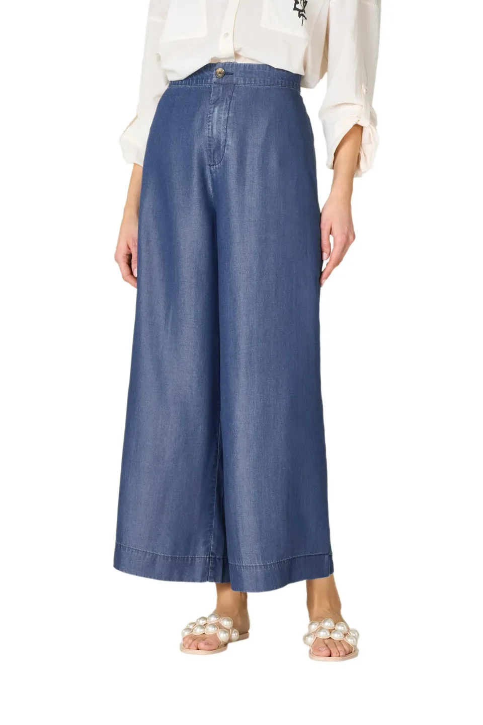 Goldenpoint Pantaloni Cropped Chambray Vita Semi-elasticata donna