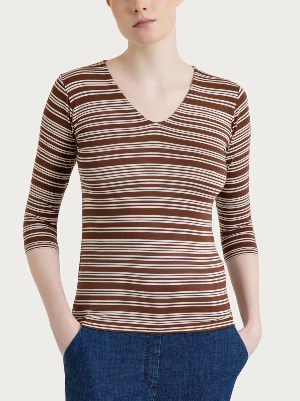 Ragno Viscosa Summer Maglietta Righe Scollo V Fant. Cappuccino