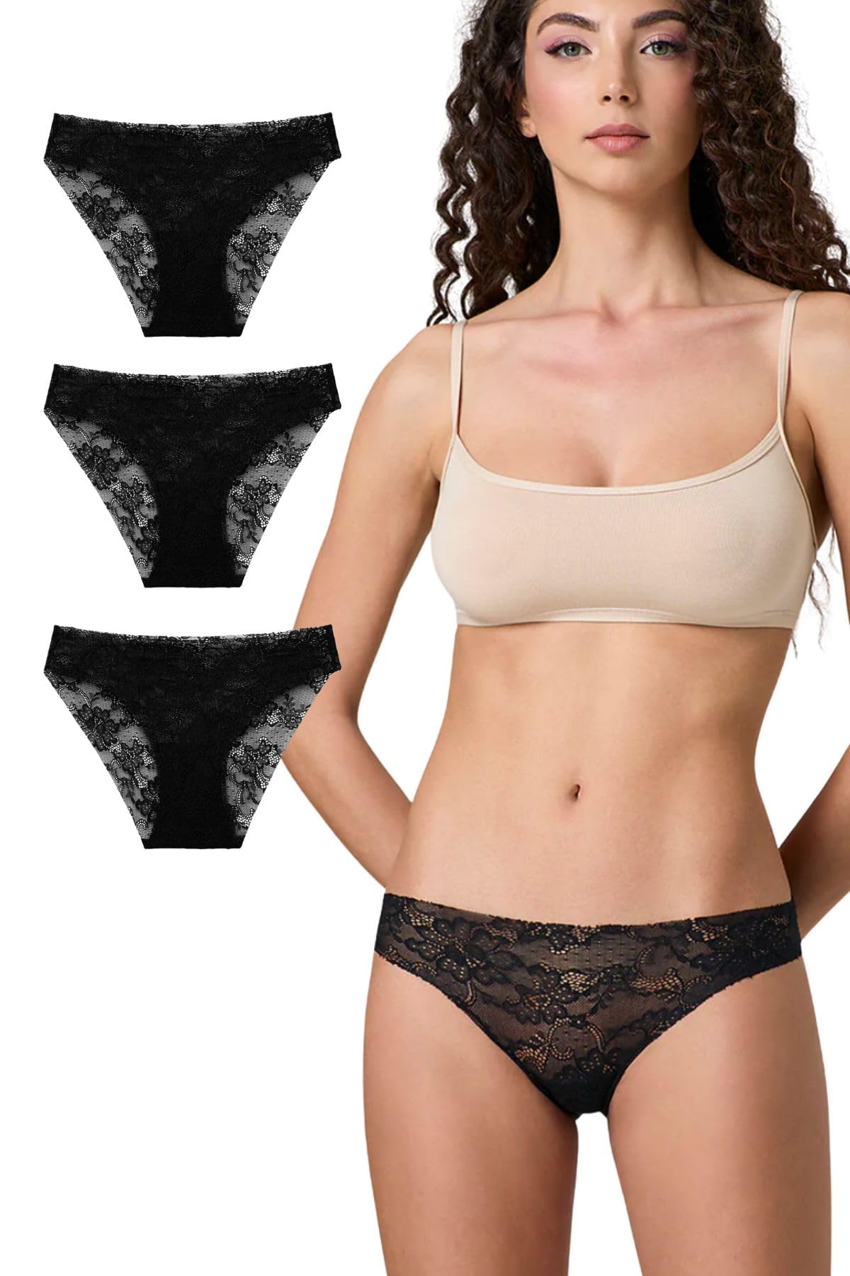 Lady C Slip Taglio Laser Brasiliana Ricamata Nero 3 pz invisibile