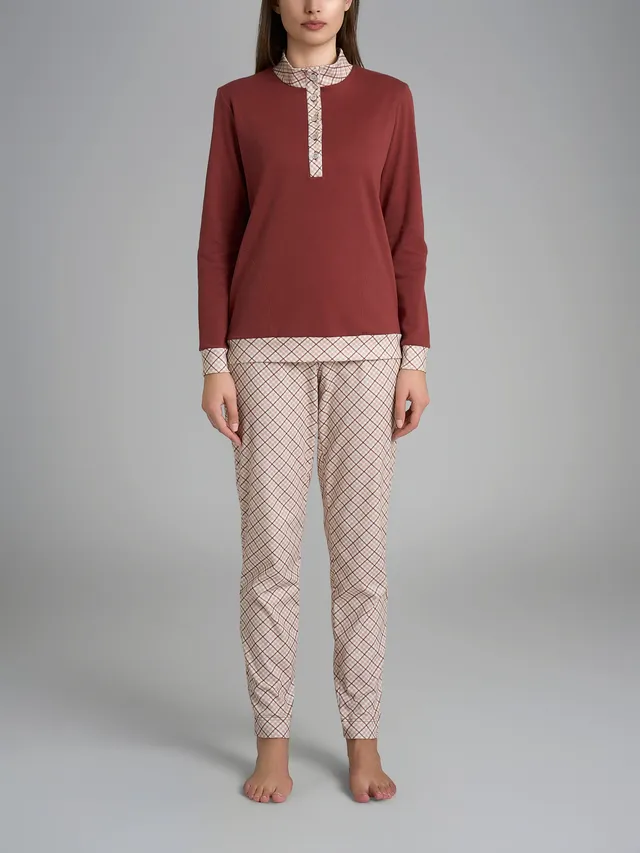 Ragno Pigiama Lupetto Cotone Donna Rosso Tartan