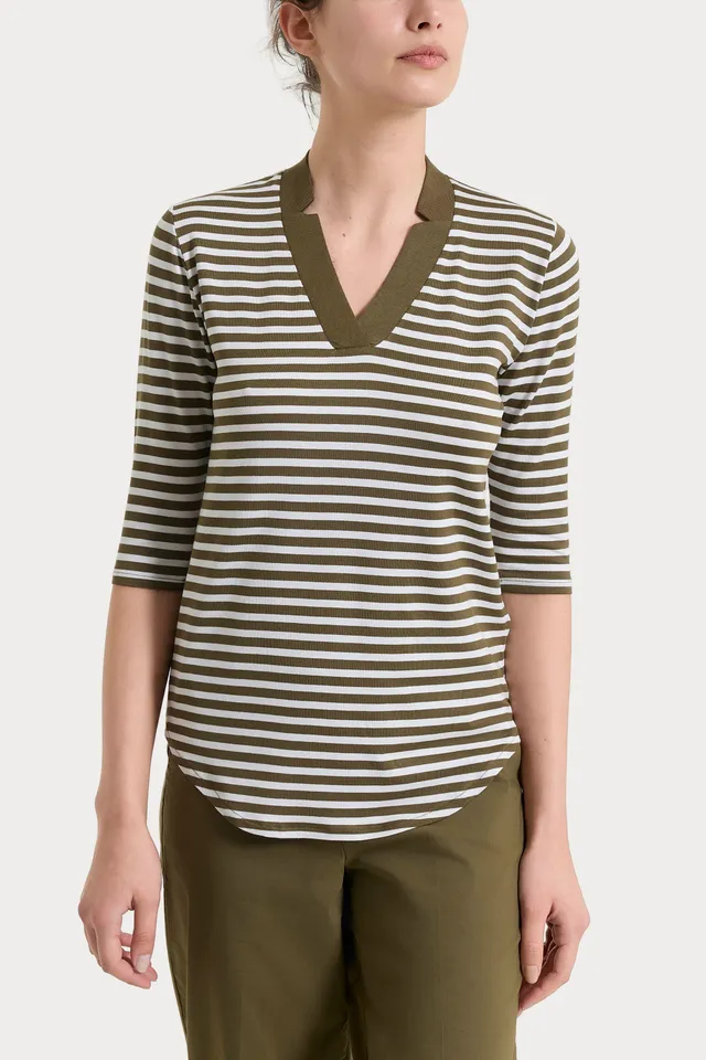 Ragno Viscosa Summer maglietta scollo V a righe Dark Olive