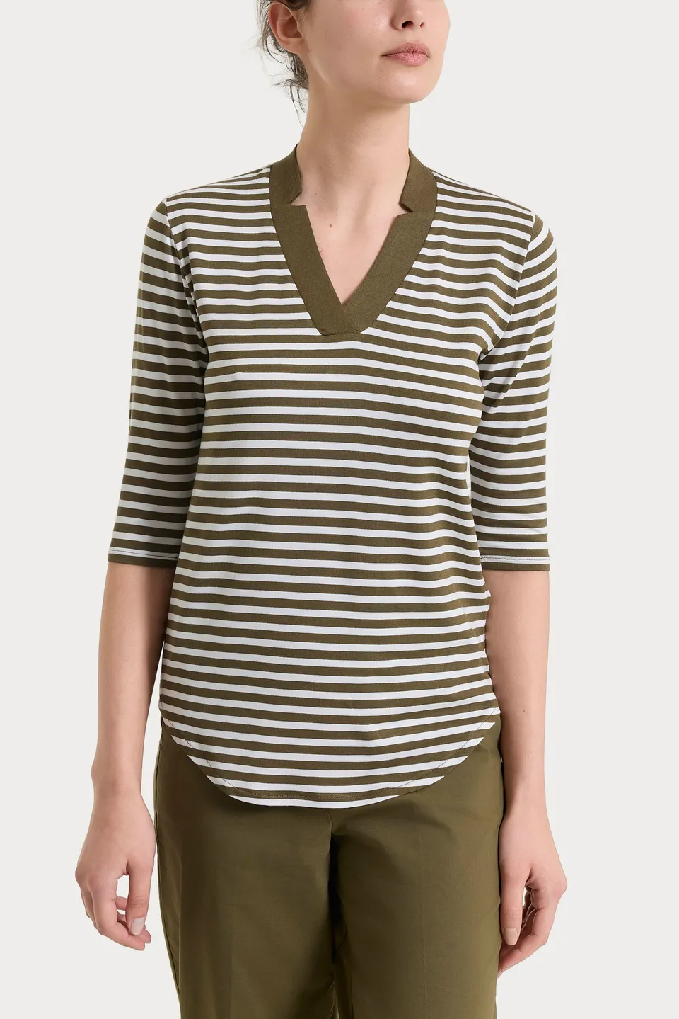 Ragno Viscosa Summer maglietta scollo V a righe Dark Olive